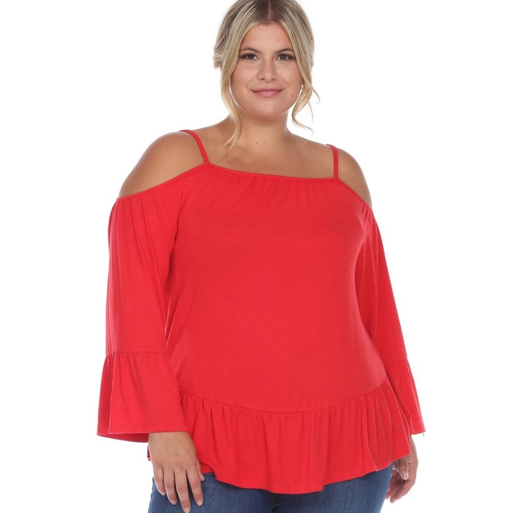 White Mark Plus Size Red Cold Shoulder Peasant Top Ruffle Hem 1XL NWT